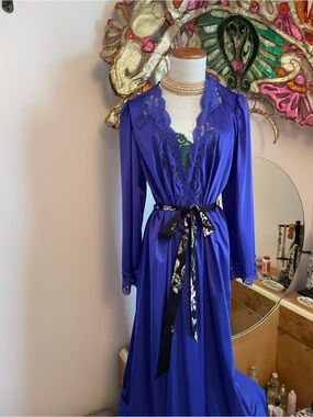 Olga Royal Purple Long Nylon Lace-Trim Robe with Contrast Waist Sash